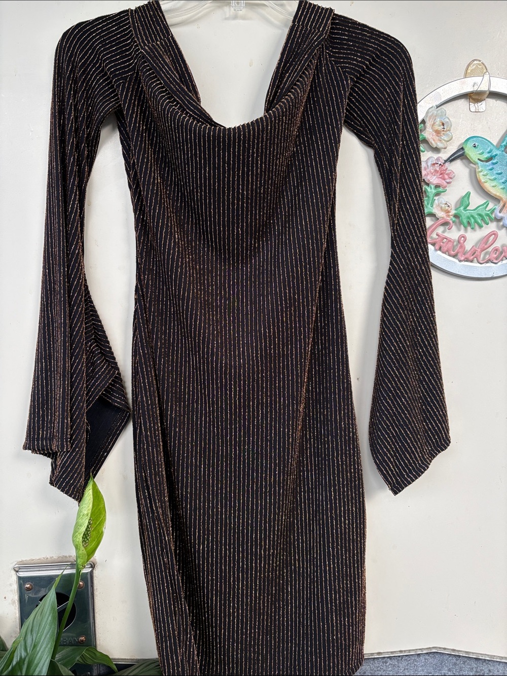 BCBGMaxAzria Brown Metallic-Striped Long Sleeve Cowl Dress - Picture 4 of 7